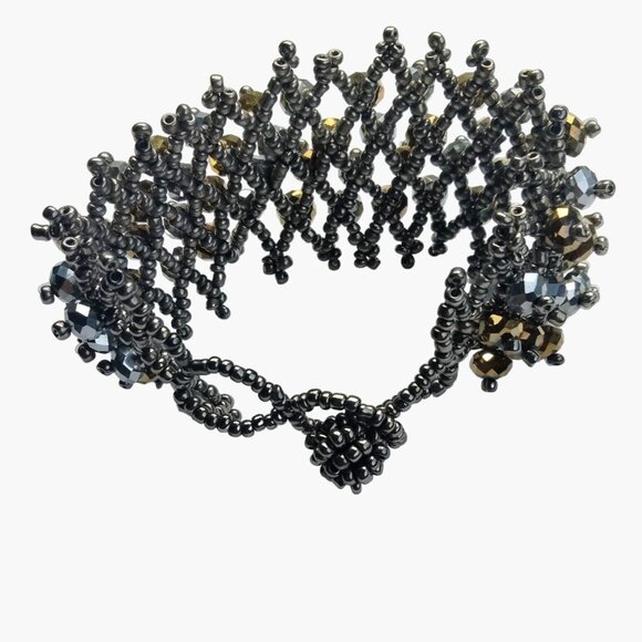 Handmade Beaded Bracelet Metallic Gold Silver Tone Beads - Picture 3 of 7